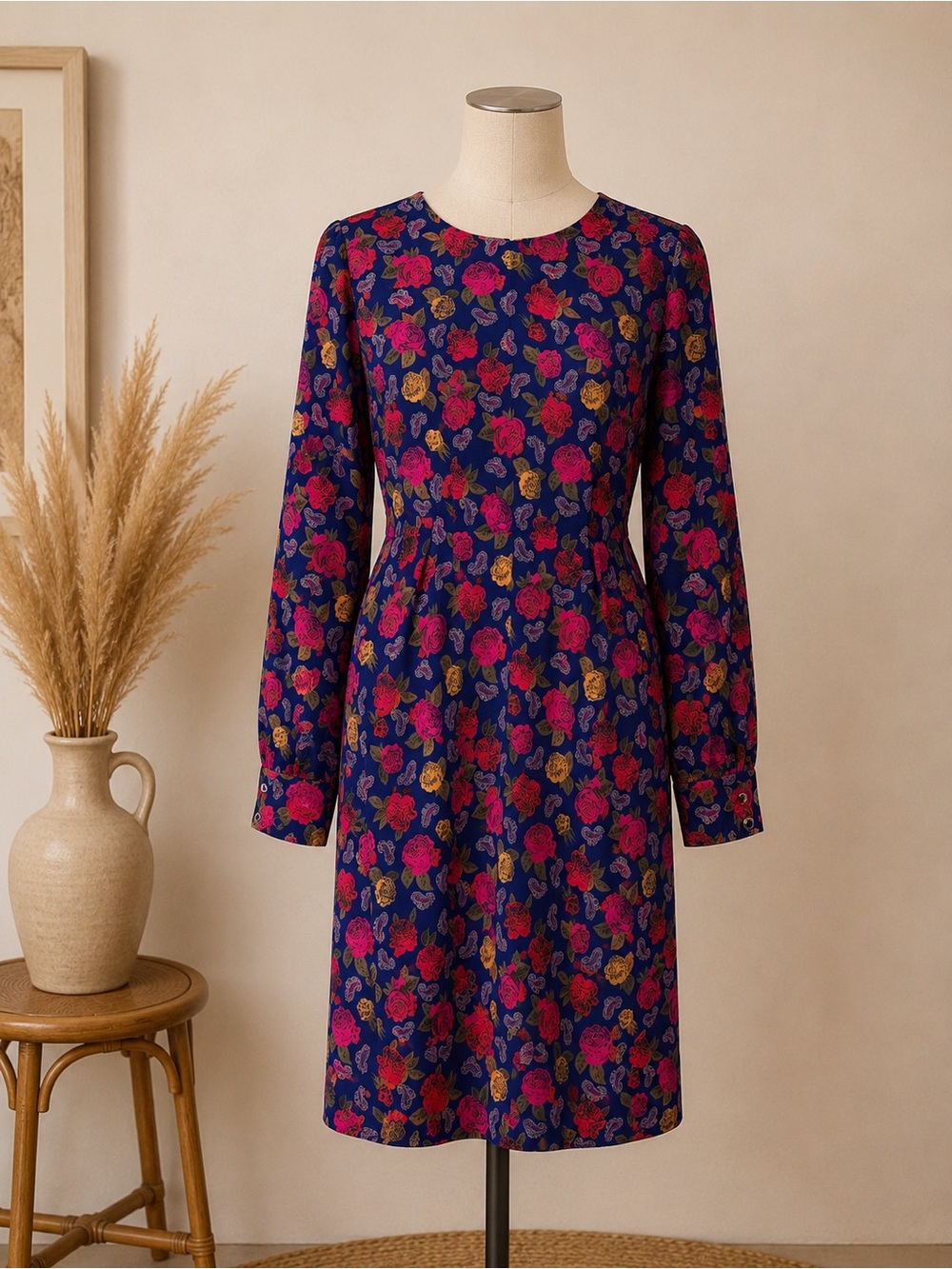 Chaus Navy Long-Sleeve Floral Fit-and-Flare Dress size 8